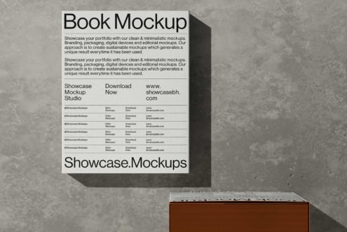 Minimalist book mockup leaning against concrete wall with shadow, displaying clean typography layout