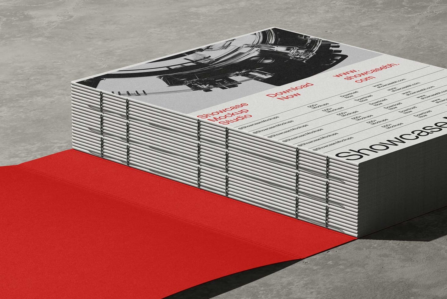 Stacked magazines mockup with red carpet, black interior photo, typography on cover