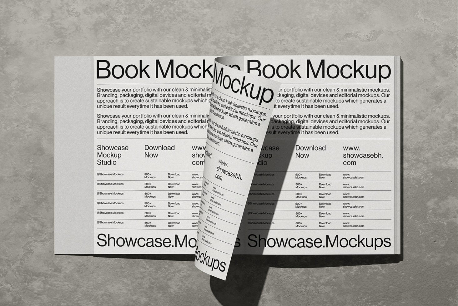 Open book mockup with minimalist design showing portfolio layouts on concrete background with shadows
