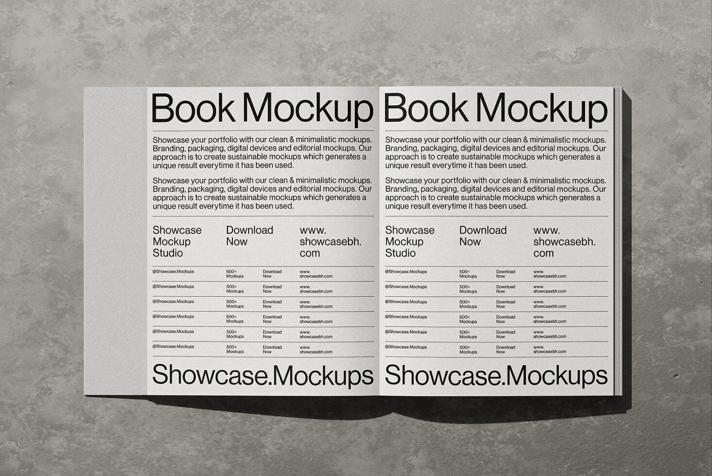 Open book mockup spread showing clean minimal design layouts with text blocks, download buttons, plus concrete background