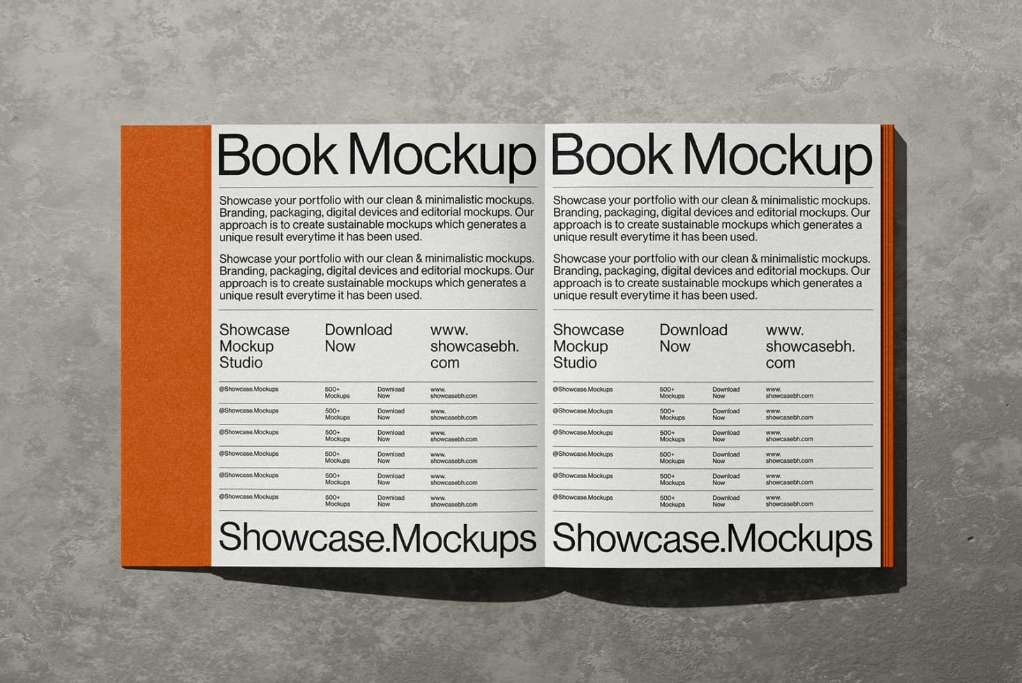 Open book mockup with orange spine showing minimalist layout design on concrete background