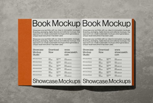 Open book mockup with orange spine showing minimalist layout design on concrete background