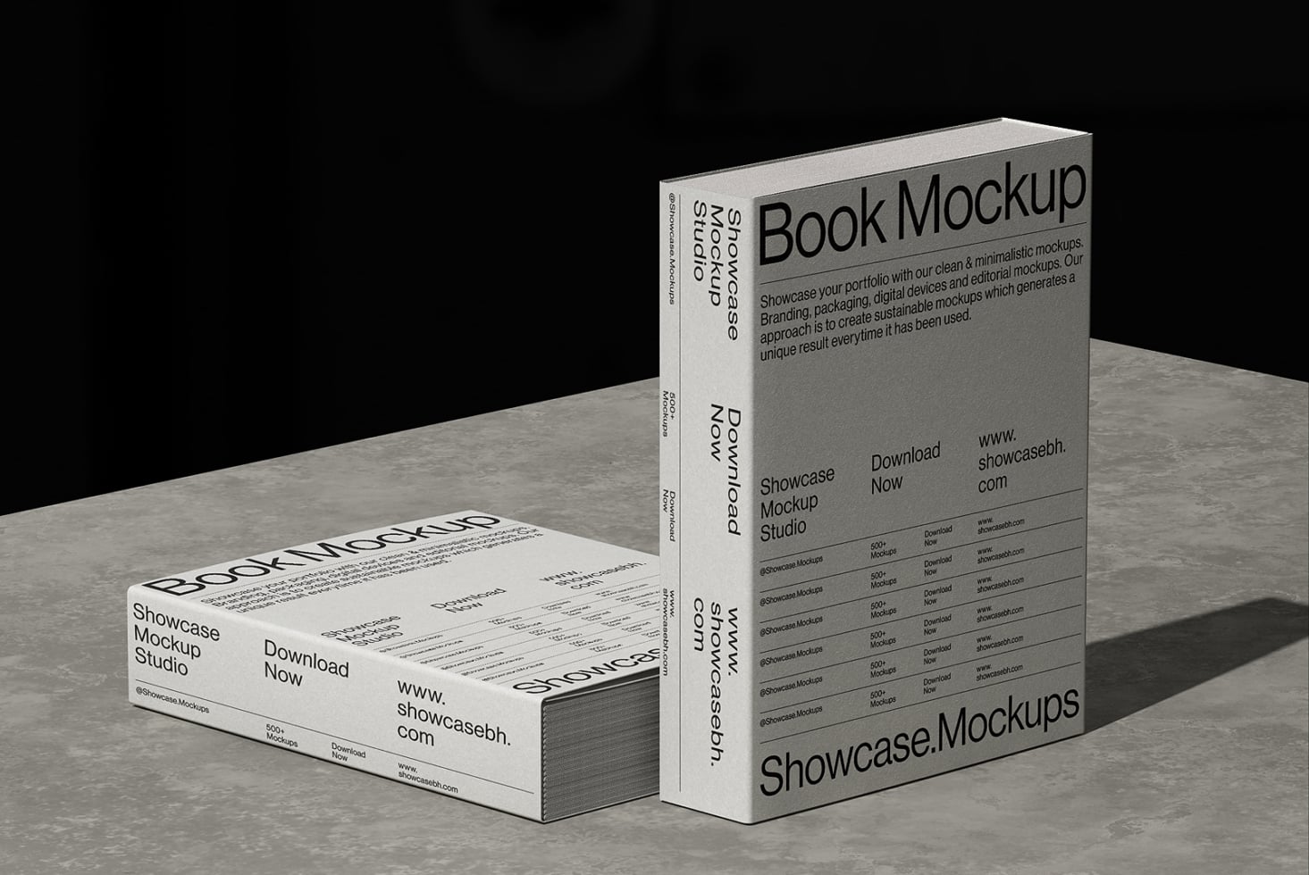 Minimalist book mockup showing stacked hardcover with clean typography on concrete surface