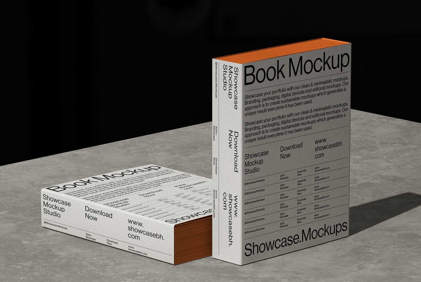 Book mockup with orange spine, white box displayed at angle on concrete surface