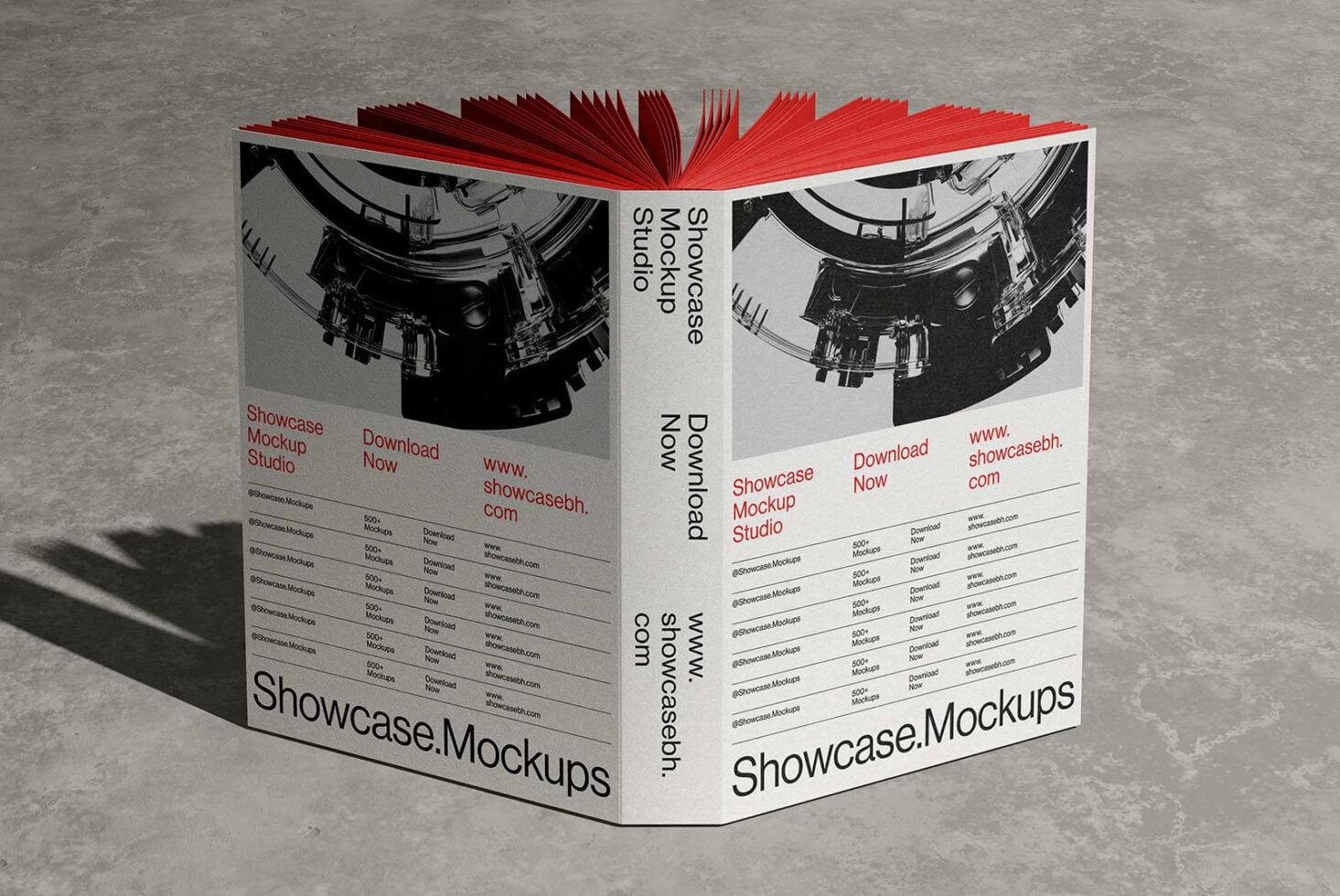 Open book mockup with red pages, black architecture photos, white spine with text, concrete background