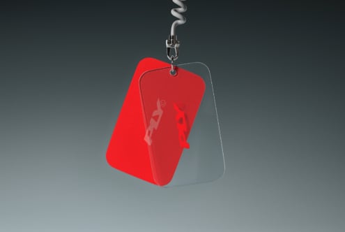 Bright red badge mockup with translucent layers hanging from metal clasp on coiled cord