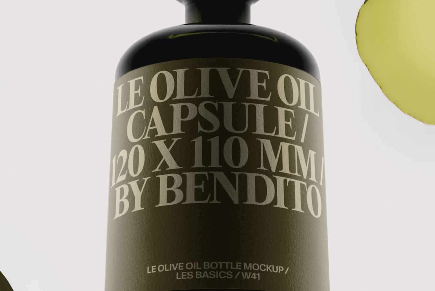 Luxury olive oil bottle mockup with cream label on black glass, showing capsule dimensions