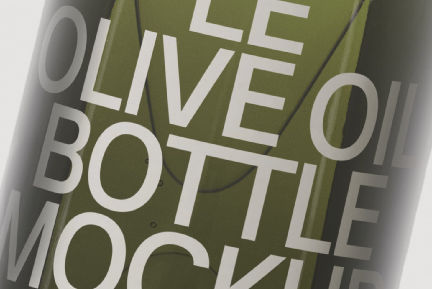 Olive green bottle with bold white sans-serif typography overlaid at an angle