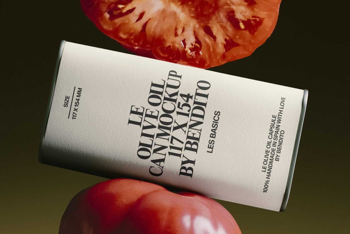 Olive oil bottle mockup with fresh tomatoes on dark background