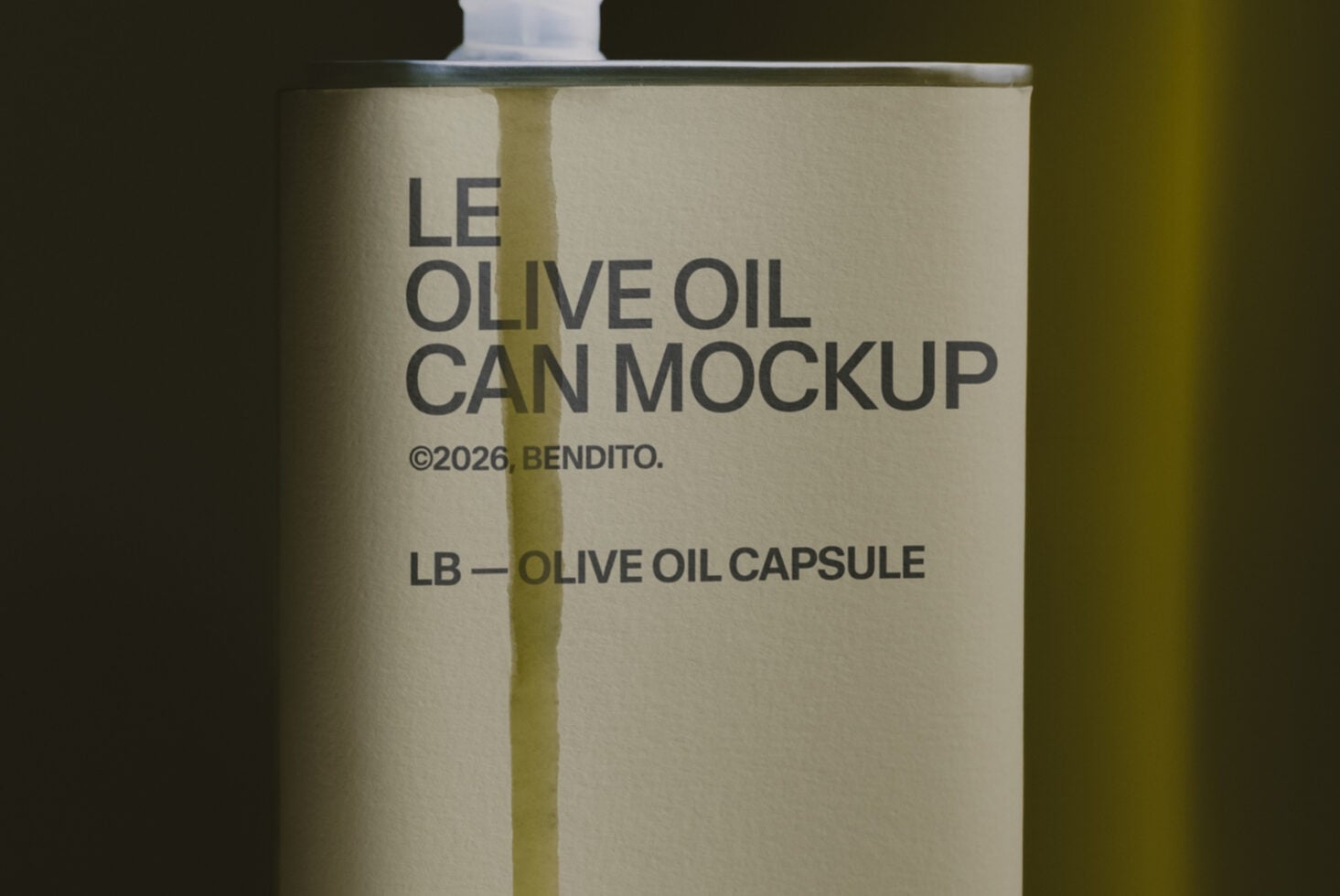 Minimalist olive oil can mockup with cream label, dark typography, oil visible through center stripe