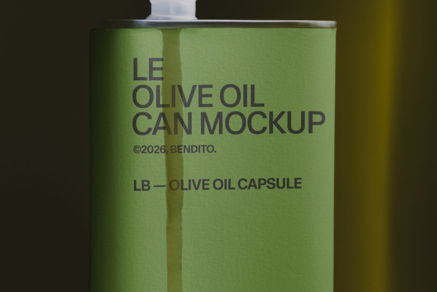 Minimalist olive oil can mockup with sage green label, white pump dispenser visible at top
