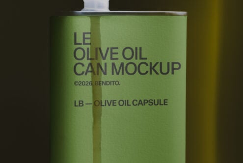 Minimalist olive oil can mockup with sage green label, white pump dispenser visible at top