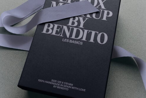 Luxury fashion box with lavender ribbon for Bendito Les Basics brand packaging mockup