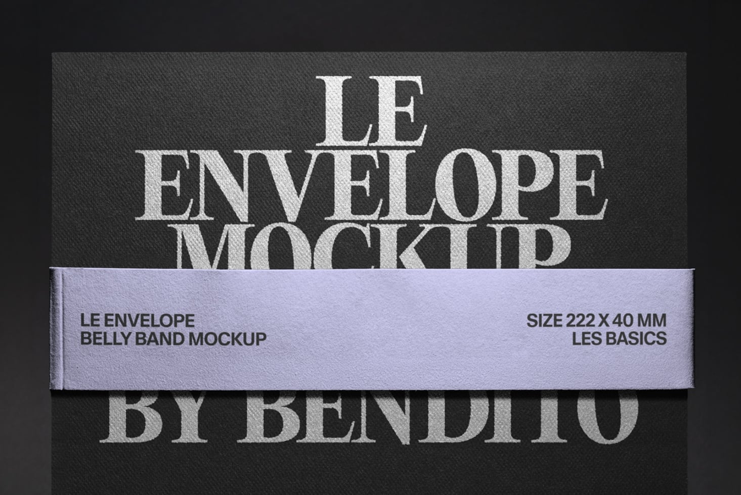 Le Envelope belly band mockup showing lavender wrap on dark textured background
