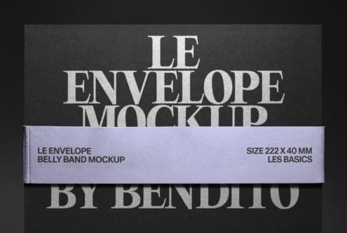 Le Envelope belly band mockup showing lavender wrap on dark textured background