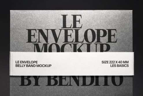 Le Envelope belly band mockup with white label strip on textured gray background