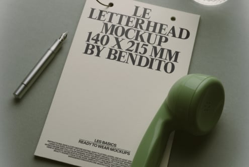 Letterhead mockup 140x215mm with silver pen, green ceramic pot, minimal styling on gray