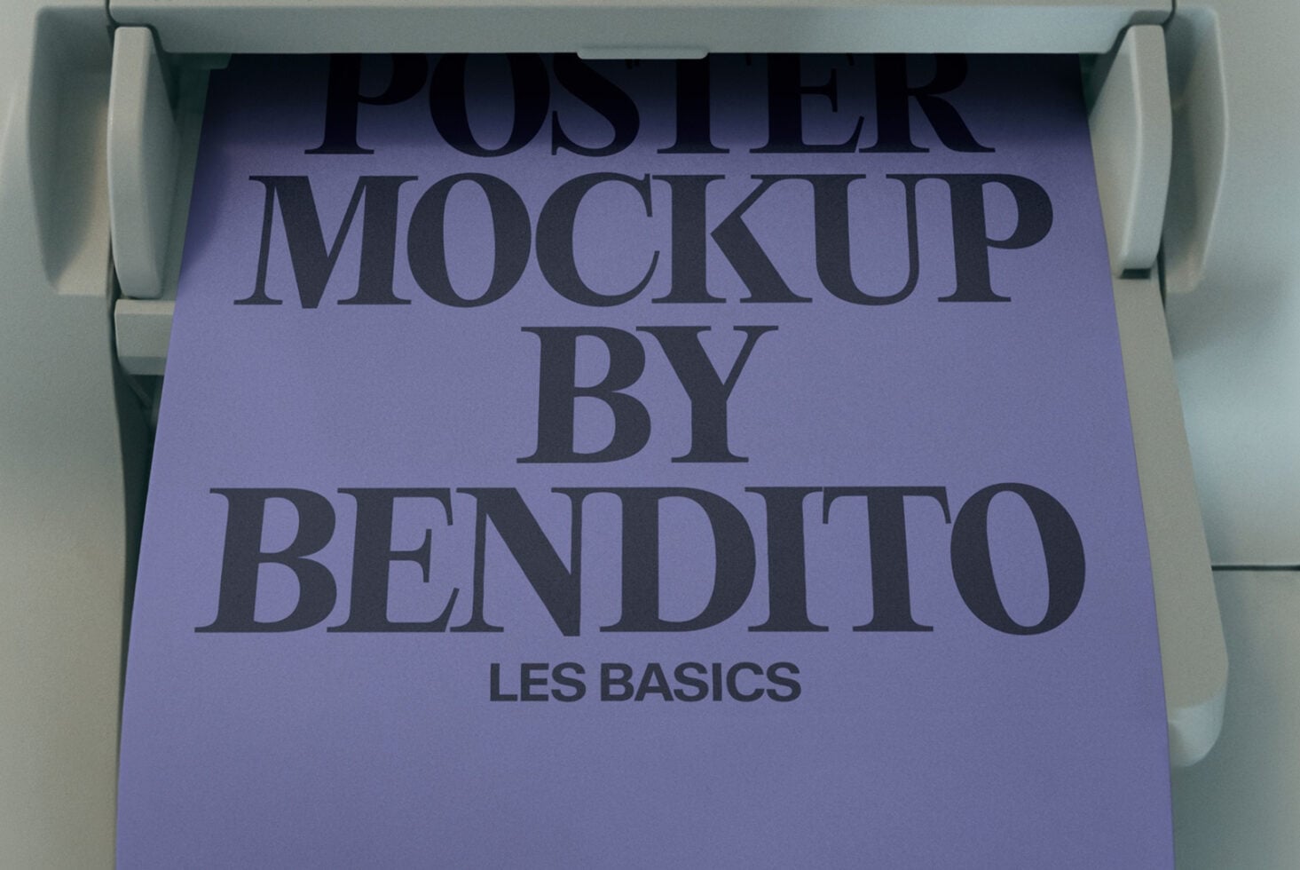 Rolled poster mockup with periwinkle background showing serif typography layout