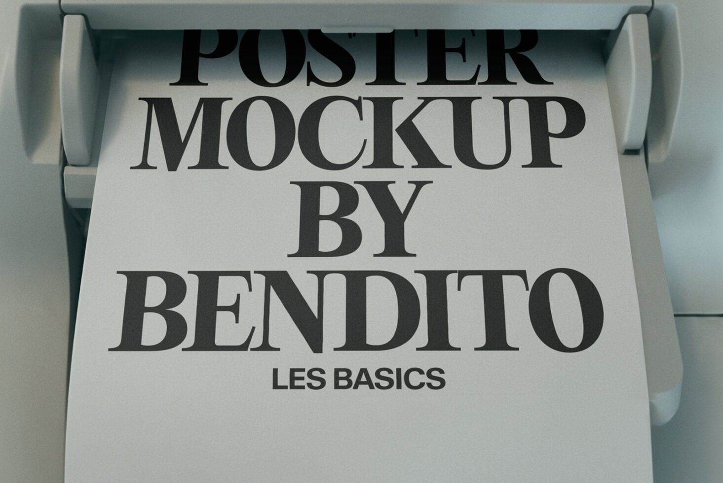 Rolled poster mockup with serif typography showing "Poster Mockup by Bendito Les Basics"