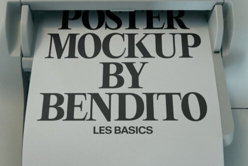 Rolled poster mockup with serif typography showing "Poster Mockup by Bendito Les Basics"