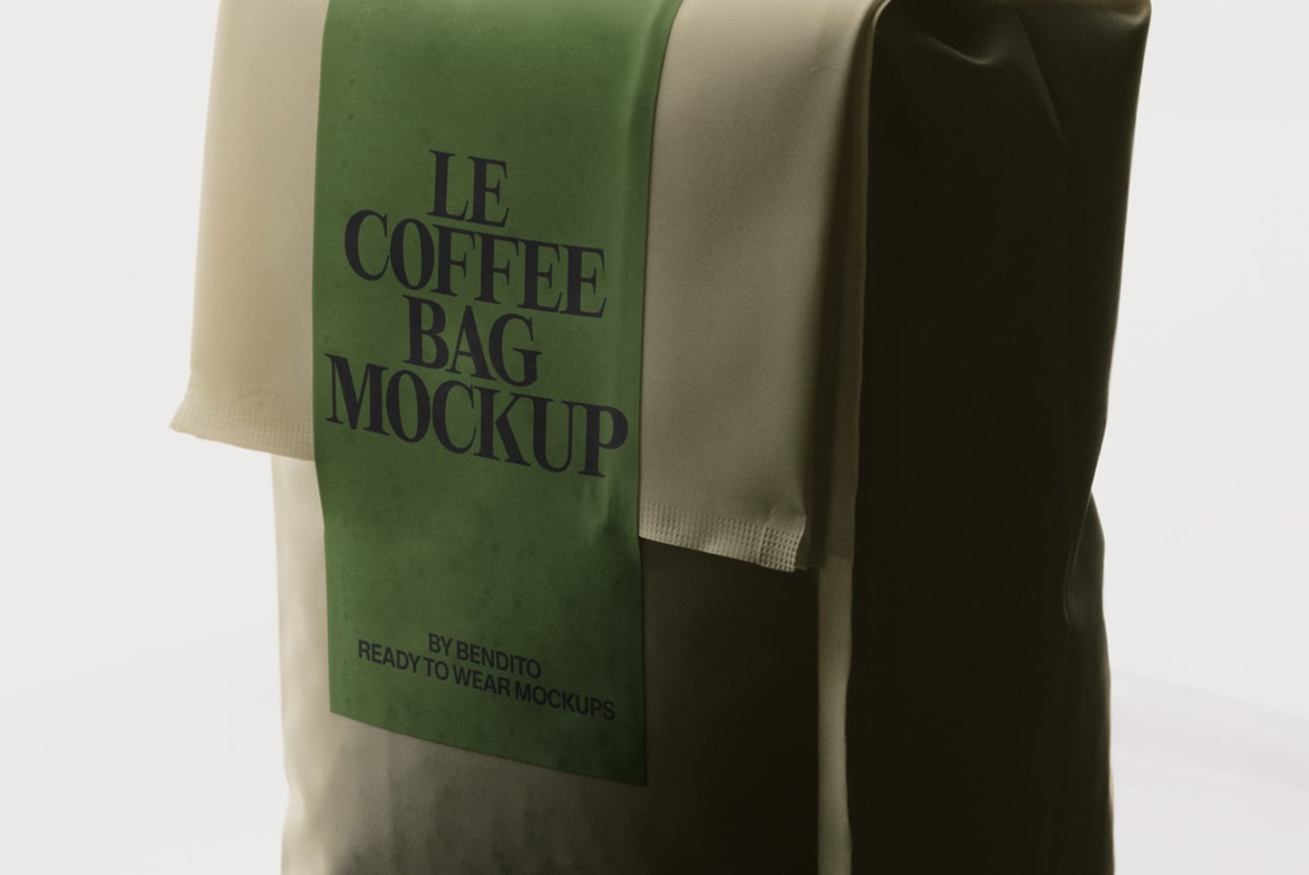Three fabric coffee bags in cream, green, plus dark tones with bold typography mockup