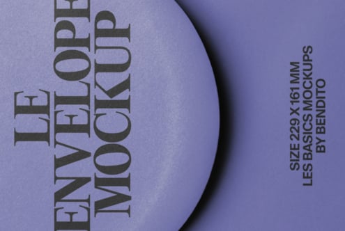 Bent purple envelope mockup with bold typography showing text layout options