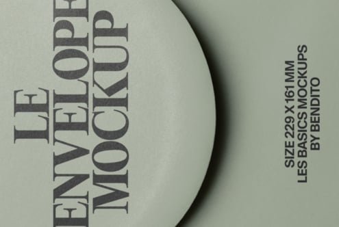 Close-up of sage green circular mockup with bold typography, specs listed on right edge