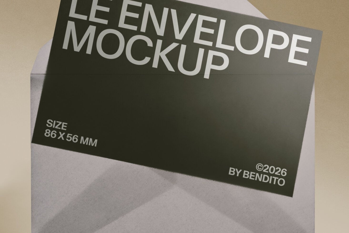 Olive card mockup poking out of white envelope, showing business card size specs with clean typography
