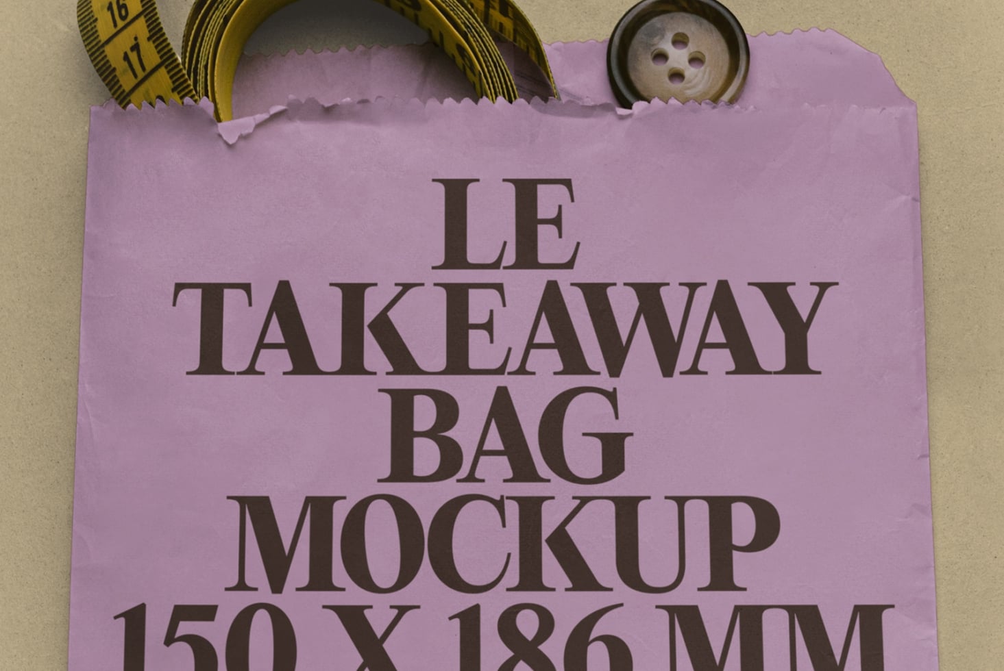 Lavender paper bag mockup with measuring tape, button, ripped edge detail on beige background