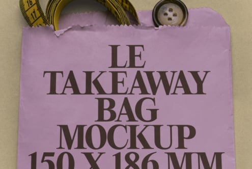 Lavender paper bag mockup with measuring tape, button, ripped edge detail on beige background