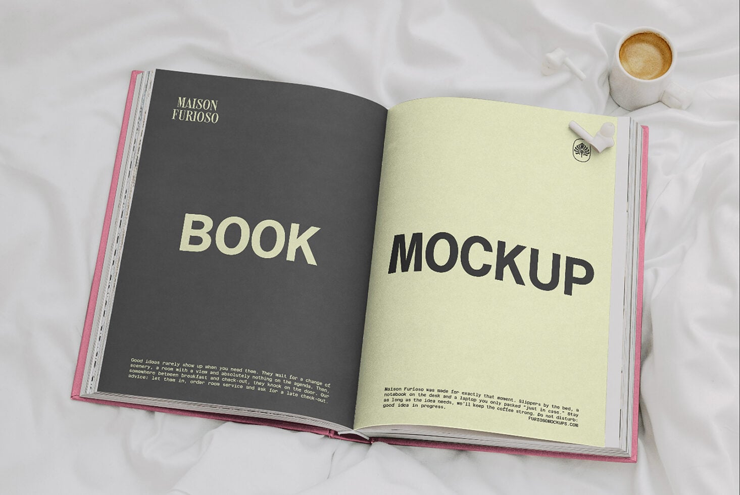 Open magazine spread mockup with coffee cup, styled on marble with pink binding