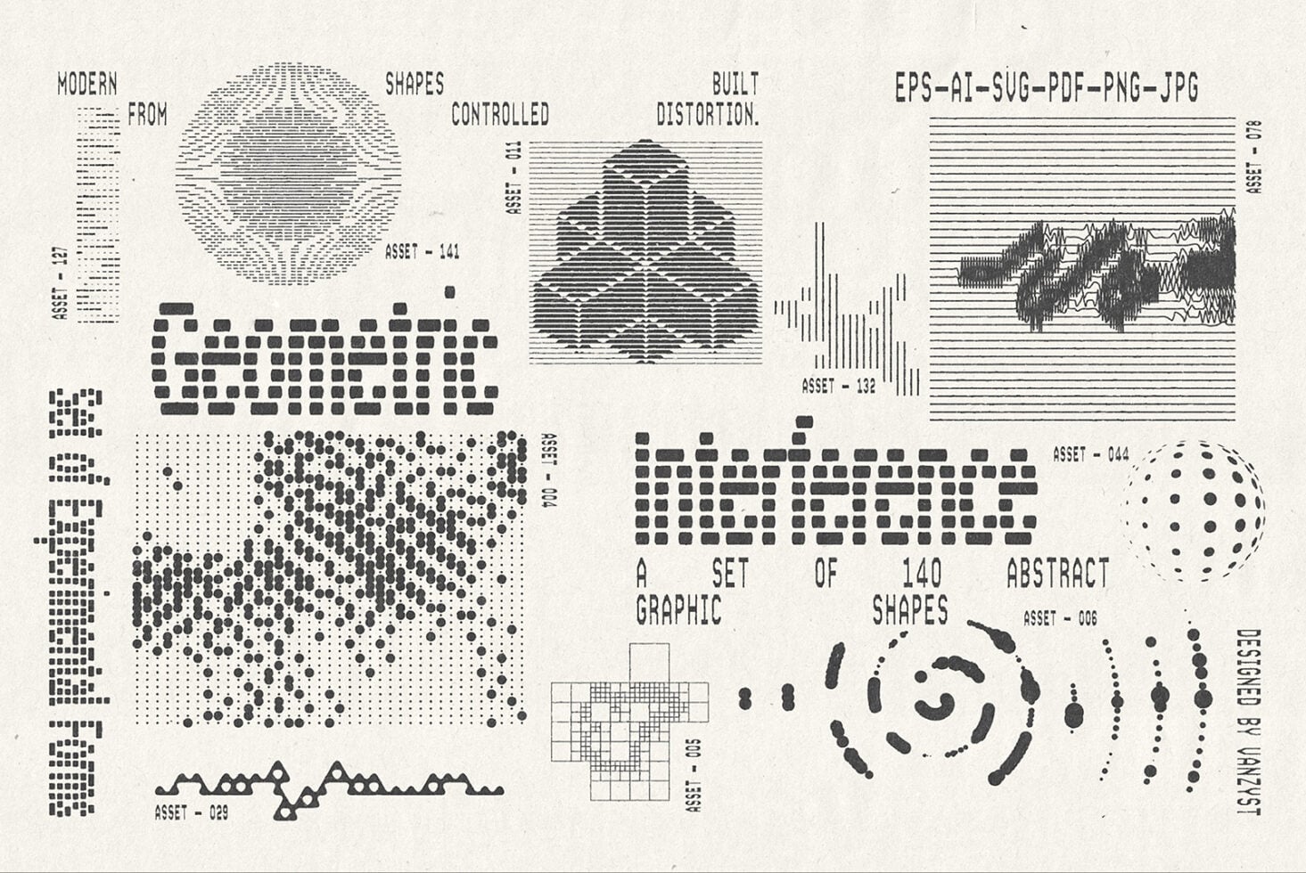 140 abstract graphic shapes with dots, squares, lines, creating glitch distortion effects
