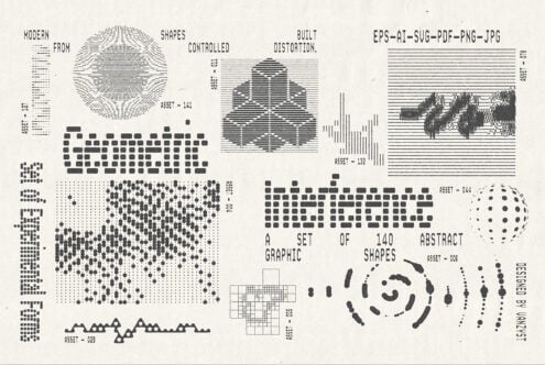 140 abstract graphic shapes with dots, squares, lines, creating glitch distortion effects