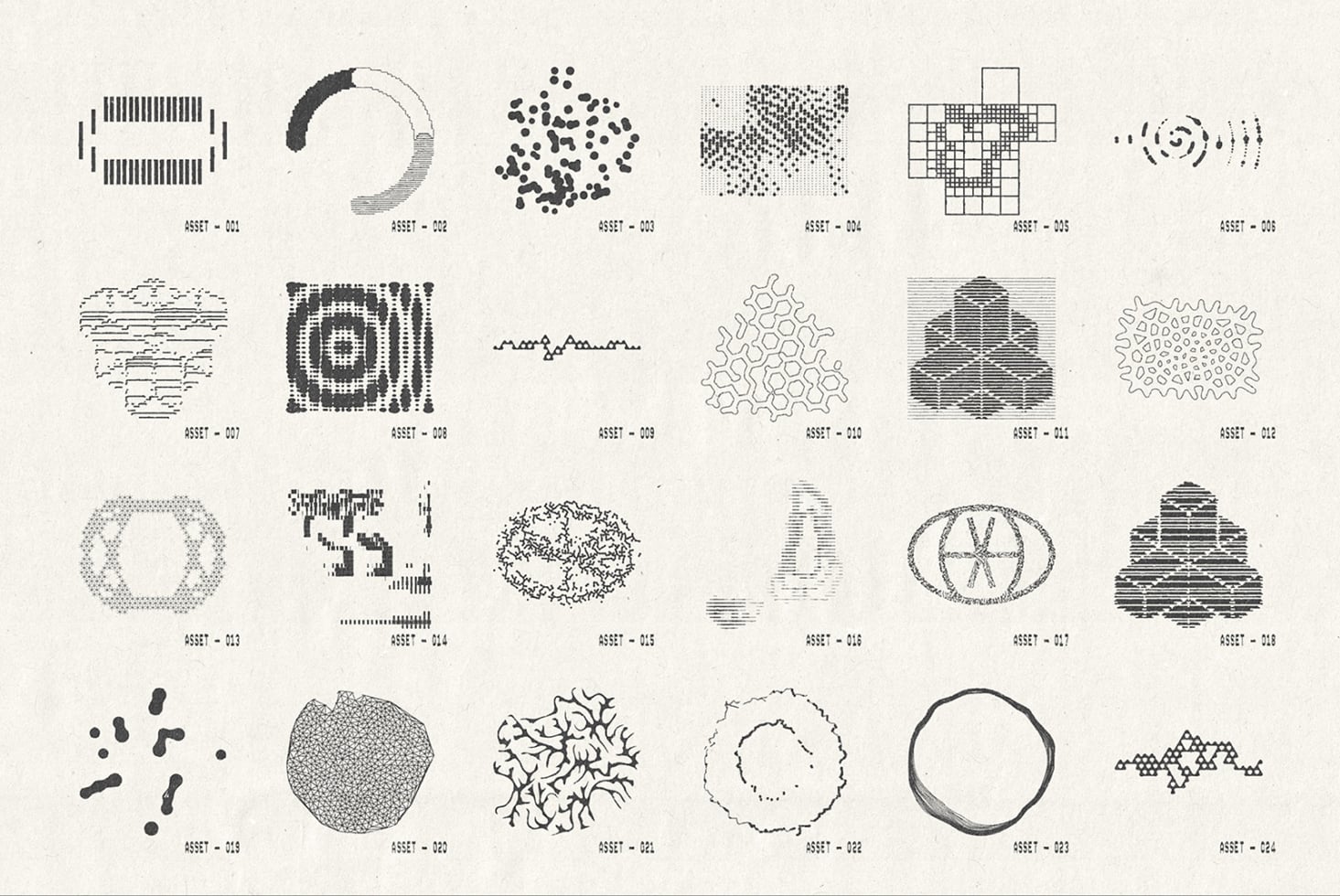 Collection of 24 monochrome graphic textures with halftone dots, wavy lines, geometric patterns