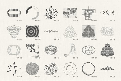Collection of 24 monochrome graphic textures with halftone dots, wavy lines, geometric patterns
