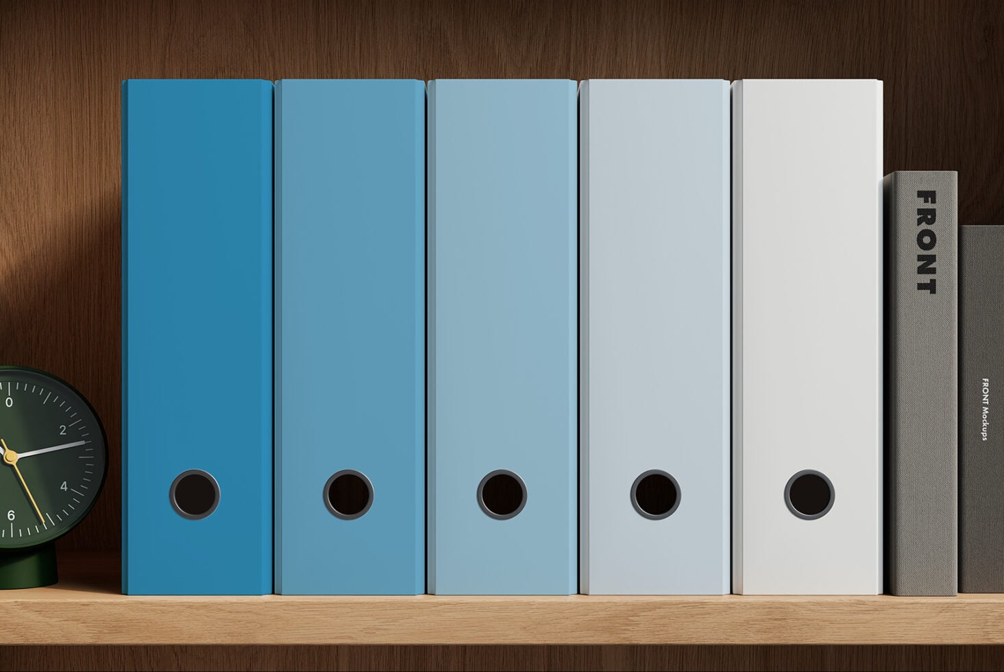 Five binder folders in gradient blue to white arranged on wooden shelf with clock