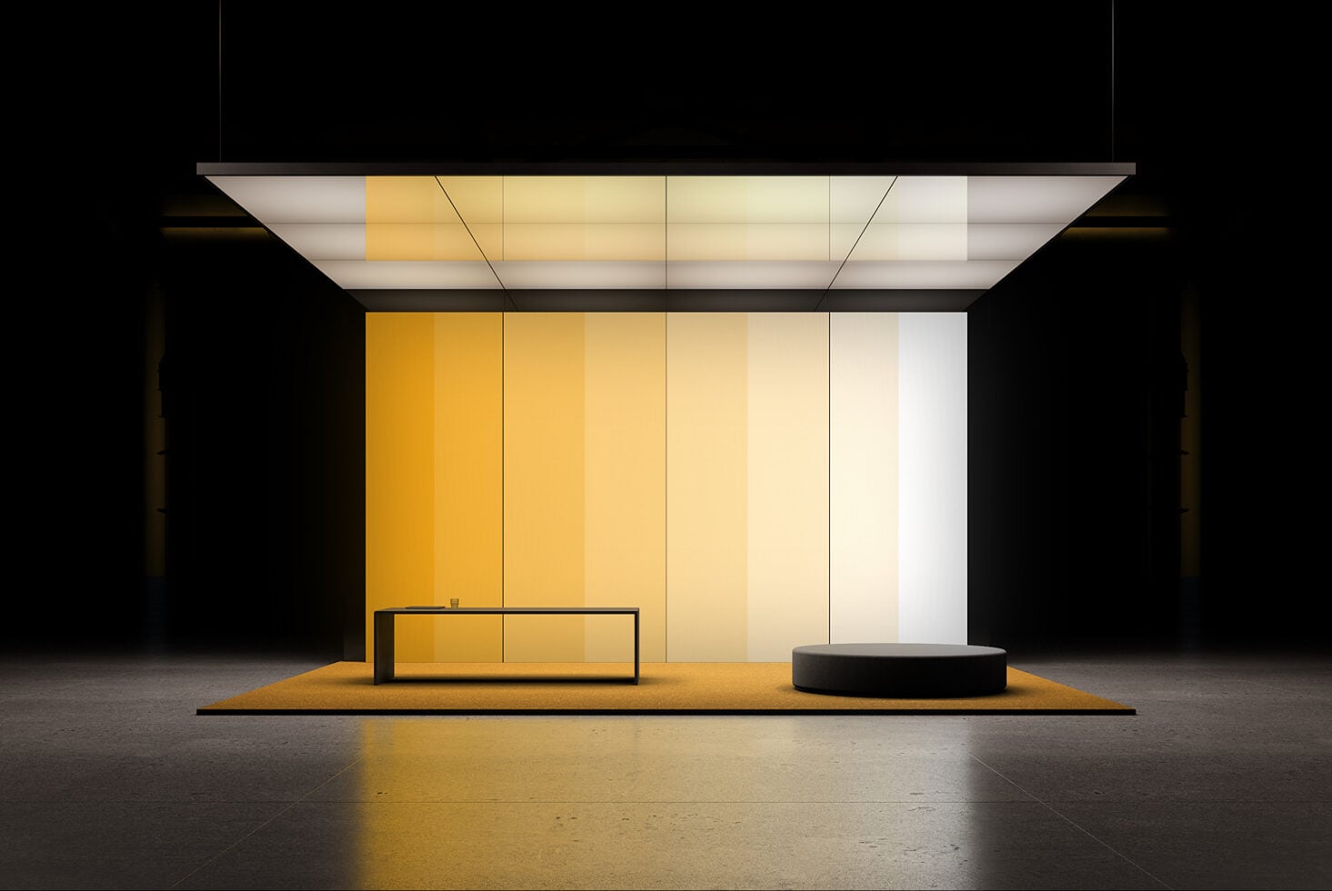 Modern retail storefront mockup with yellow gradient panels, sleek black bench, circular display platform, overhead lighting