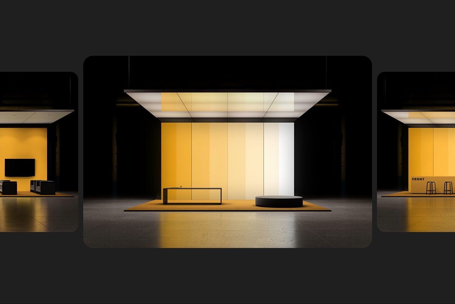 Modern retail storefront mockup with sleek yellow walls, minimalist display fixtures, polished concrete floors, overhead lighting