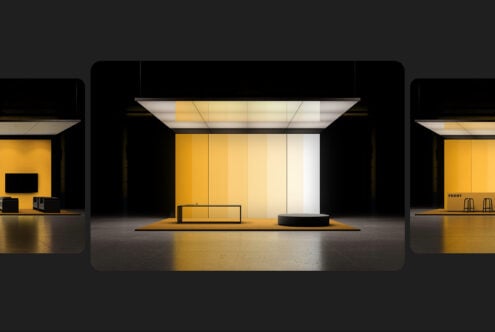 Modern retail storefront mockup with sleek yellow walls, minimalist display fixtures, polished concrete floors, overhead lighting