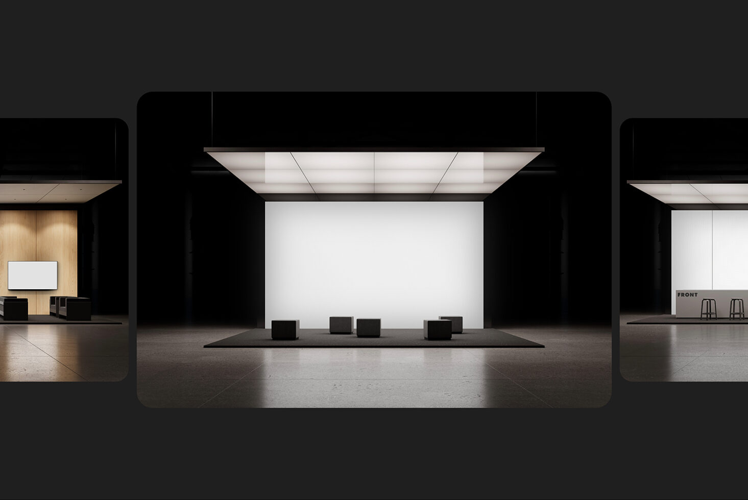 Modern trade show booth mockup with blank white wall, black cubes on stage, overhead lighting