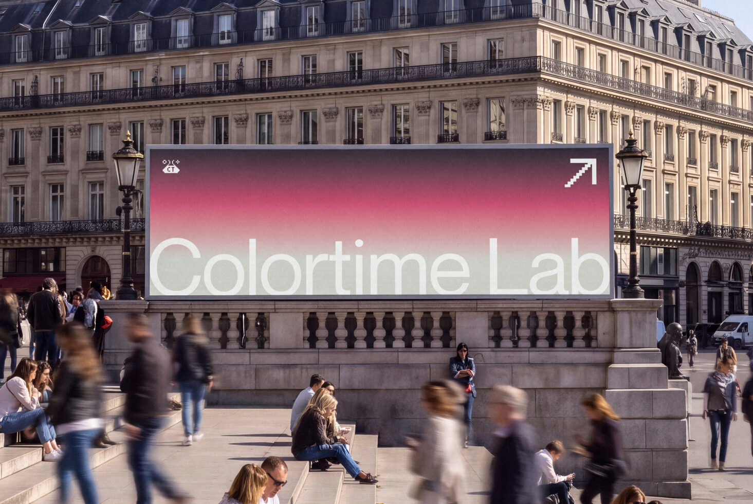 Large billboard mockup on Parisian building with pink gradient, white text, minimal icons, urban plaza scene with people walking