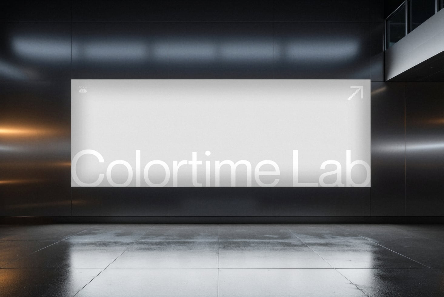 Colortime Lab sign glowing on modern gallery wall in sleek dark space