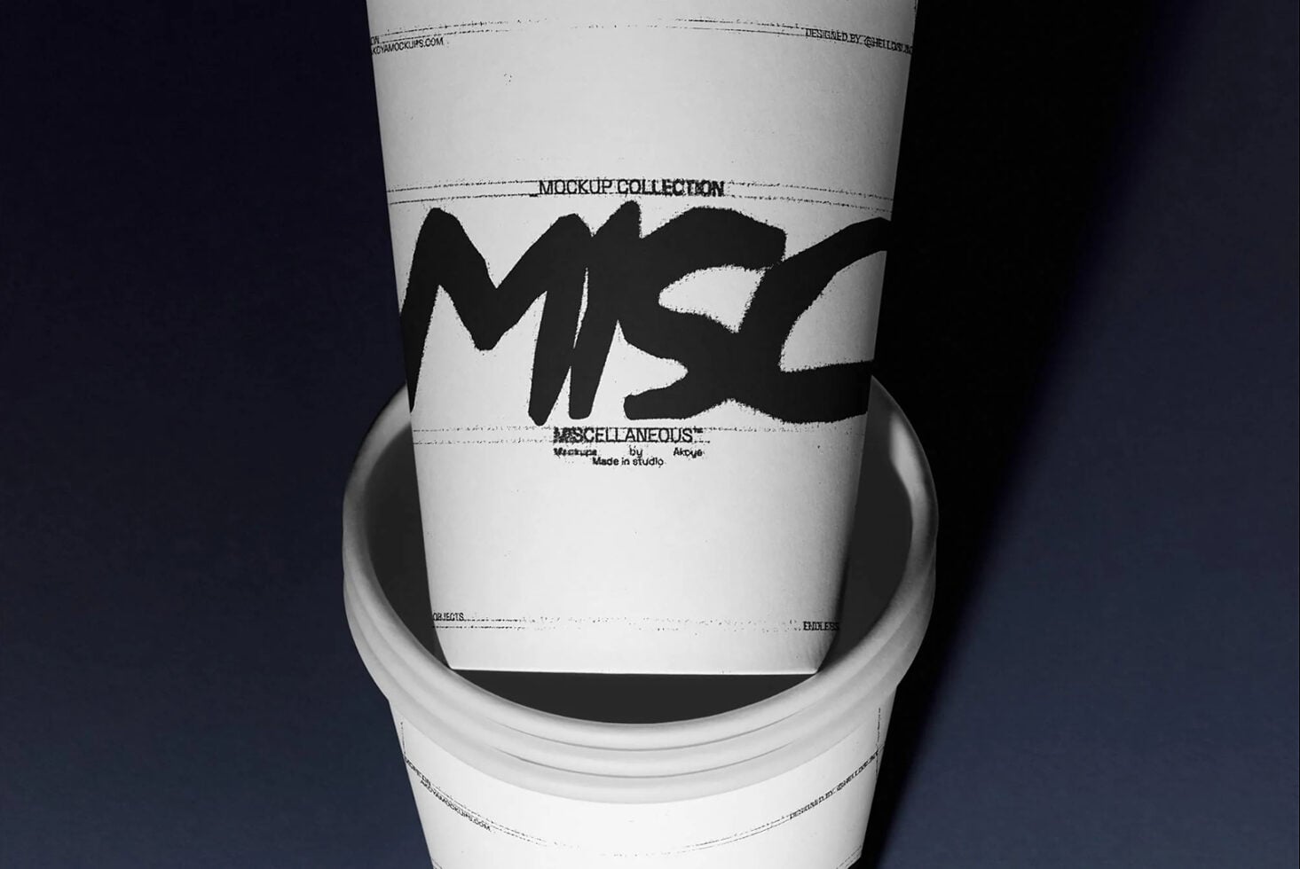 White coffee cup mockup with bold black marker sketch design on dark background