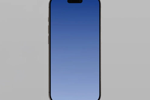 iPhone 14 Pro mockup with notch, black frame on gray background, blue screen ready for designs