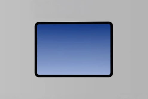 Black tablet device with rounded corners displaying blue gradient screen on gray background