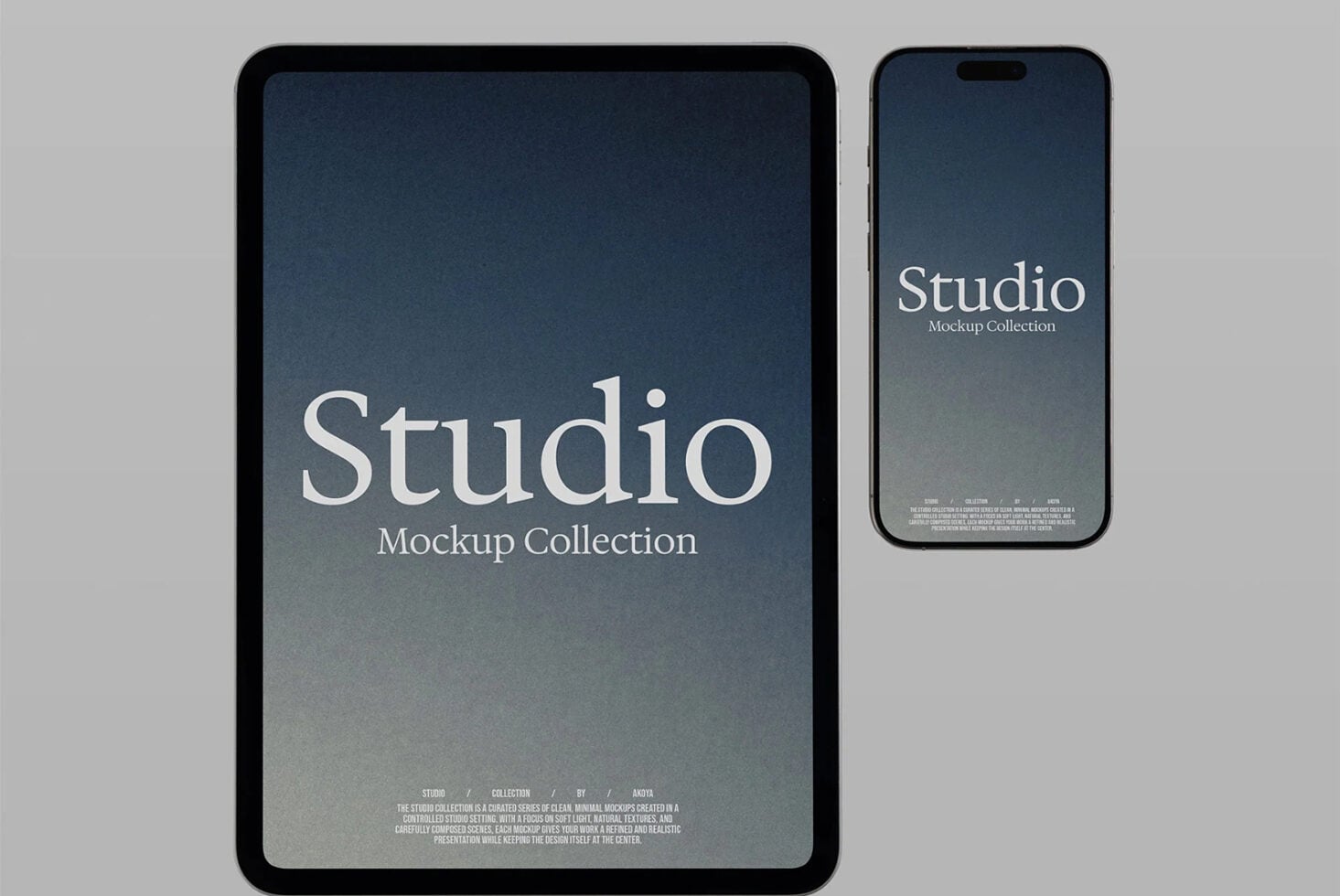Tablet plus phone mockup displaying Studio branding with minimal serif typography on gradient blue background
