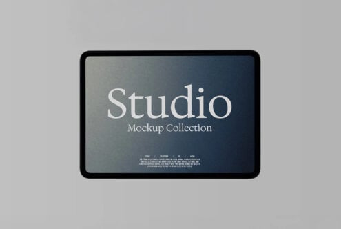 Tablet mockup displaying Studio Mockup Collection title on dark blue gradient background