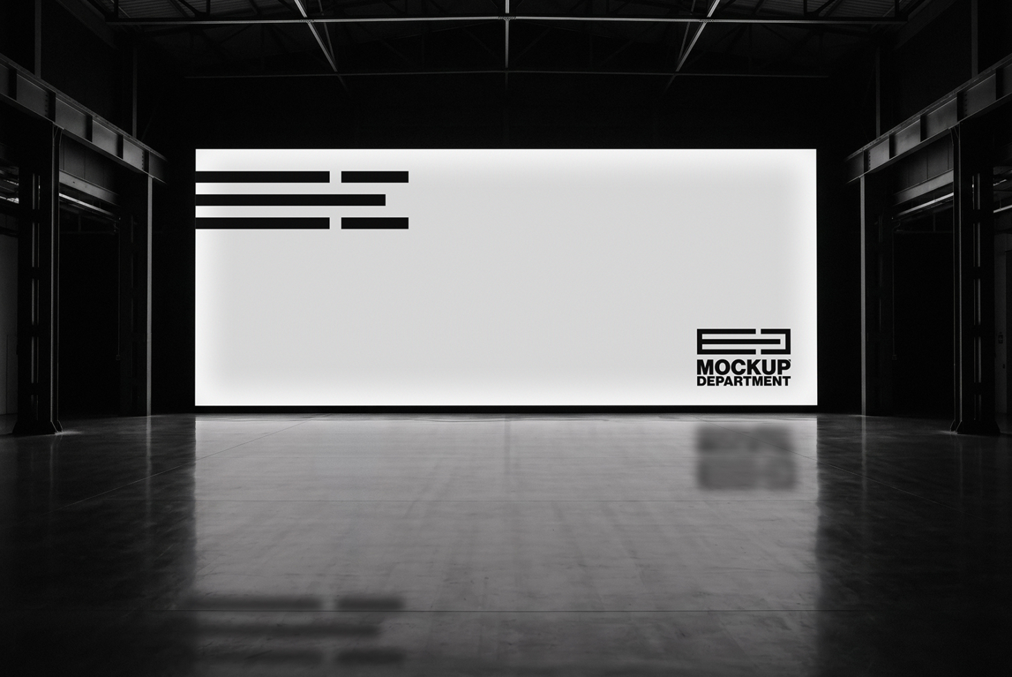Large billboard mockup in dark warehouse space with minimal branding layout