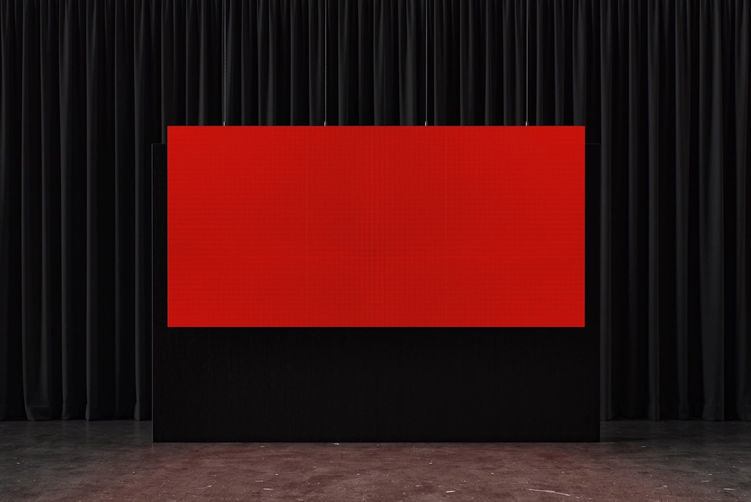 Red billboard mockup hanging on black velvet curtain stage backdrop