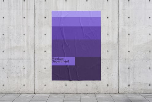 Purple poster mockup on concrete wall with gradient color blocks